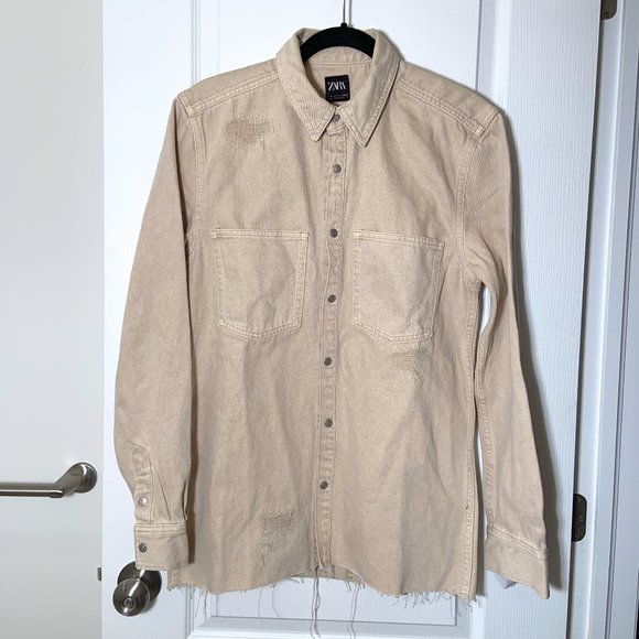 Zara Man Unisex Denim Relaxed Fit Shirt Jacket Shacket Cotton Beige Tan Size S - Picture 1 of 13